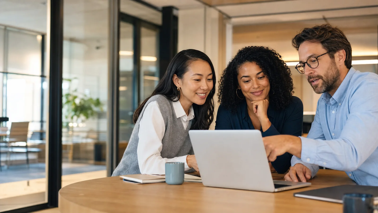 A diverse hiring team reviewing candidates together around a laptop